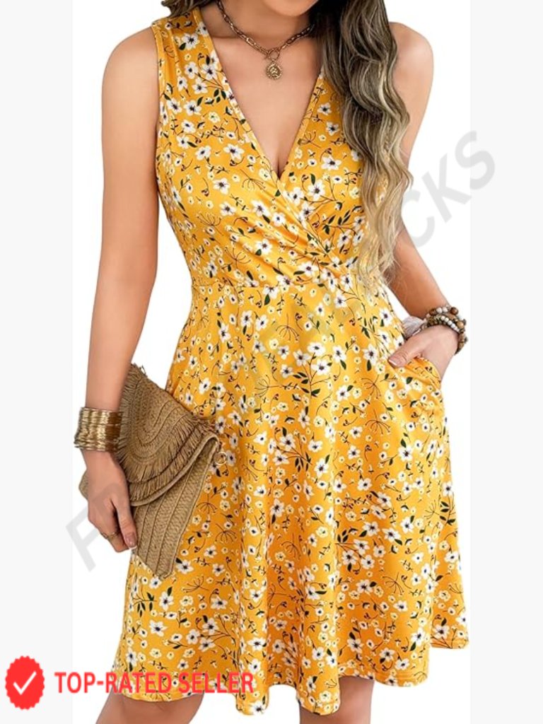 Summer Floral Sundress Sleeveless V-Neck A-Line Elastic Waist Pockets Casual